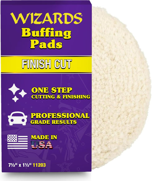 Wizards Finish Cut Buffing Pad - Velcro Backed, Blended Wool and Polyester, One-Step Buffer for Car Detailing - Cutting and Finishing Pad in One f...