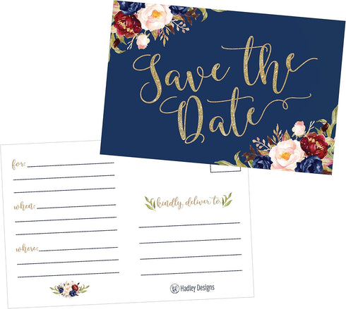Hadley Designs 25 Navy Floral Save The Date Cards For Wedding, Engagement, Anniversary, Baby Shower, Birthday Party, Flower Save The Dates Postcar...