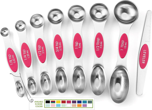 Spring Chef Pink Stainless Steel Magnetic Measuring Spoons Set of 8 with Leveler, Dual Sided Teaspoon & Tablespoon Measuring Set for Dry and Liqui...