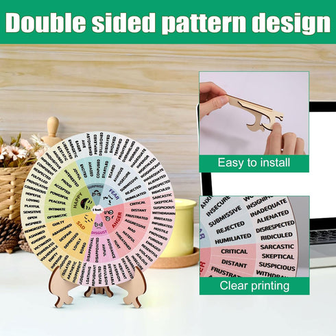 NQEUEPN Feelings Wheel with Stand, 5.51 Inch Double-Sided Emotion Mental Health Mood Wheel Chart Wooden Feelings Wheel Gift for Women Men Home Off...