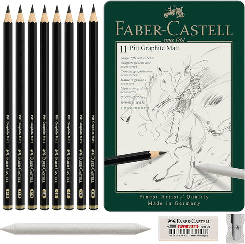 Faber-Castell Pitt Graphite Matte Pencil Set, Metal Tin of 8 Graphite Pencils and Sketching Accessories (HB, 2B, 4B, 6B, 8B, 10B, 12B, 14B), Penci...