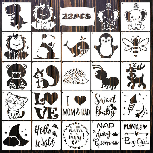 20 Pack Baby Shower Stencils for Onesie Decorating Kit Fabric Reusable Mixed Phrase Pattern Painting Stencils Small Animals Template for Painting ...