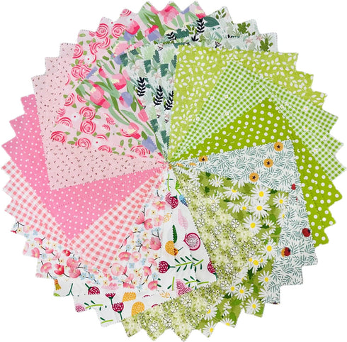 Spring Floral Fabric Squares 10x10, Layer Cake Fabric for Quilting 10 inch, Precut Fabric for Quilting Patchwork Crafting Green Pink(42Pcs)...