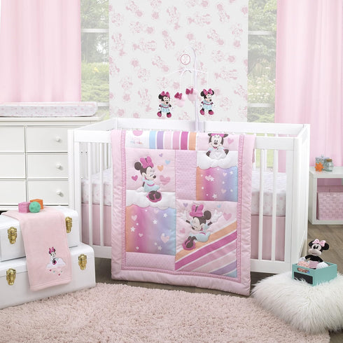 Disney Minnie Mouse Be Happy Pink, Aqua & White Super Soft Baby Blanket with Cloud Applique, Pink, White...