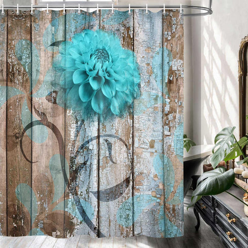 JAWO Teal Dahlia Shower Curtain, Dahlia Flower on Rustic Wooden Plank Country Style, Fabric Shower Curtain Set with 12 Hooks Bathroom Curtain Wate...