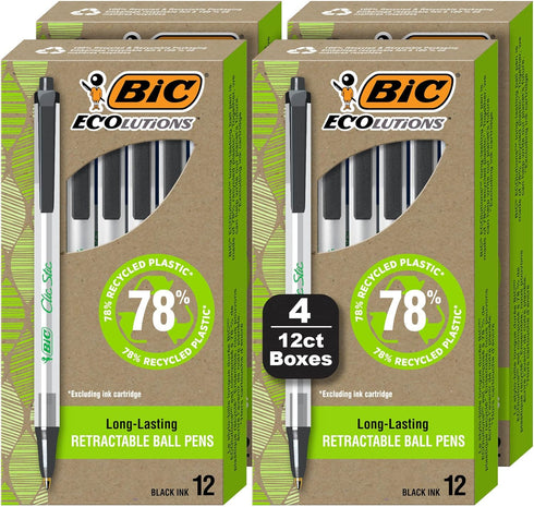 BIC ReVolution Clic Stic Retractable Ball Pen, 62% Recycled Plastic Pen, Black, Medium Point (1.0 mm), 100% Recycled Packaging, 48 Count Pack......