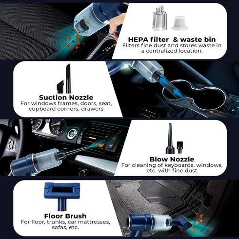 Wireless Car Vacuum Cleaner - Cordless Vacuum Cleaner High Power Portable Vacuum for Car 2 in 1 Blow and Suck Handled Vacuum Cordless (Blue)...
