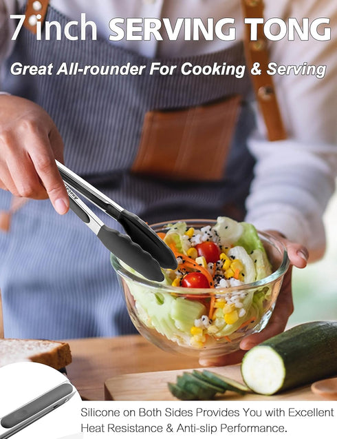 Anaeat Non-Stick Silicone Locking Tong - Stainless Steel 7" Mini Kitchen Food Tongs with Non-Slip Silicone Tips and Grip for Cooking, Baking and B...