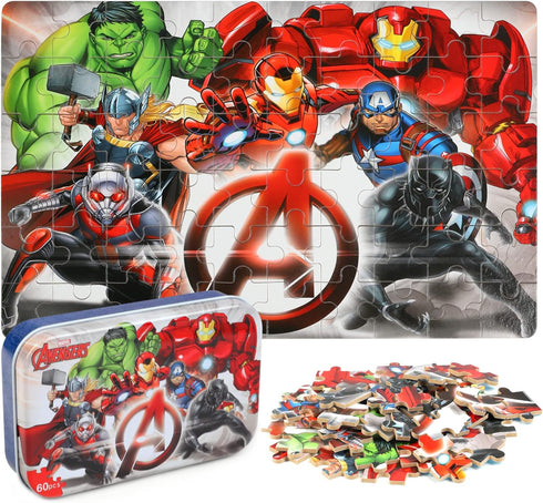 Puzzles for Kids Ages 4-8 60 Pieces Superhero Jigsaw Puzzles for Boys and Girls Educational Learning Puzzles in Metal Box The Avengers....