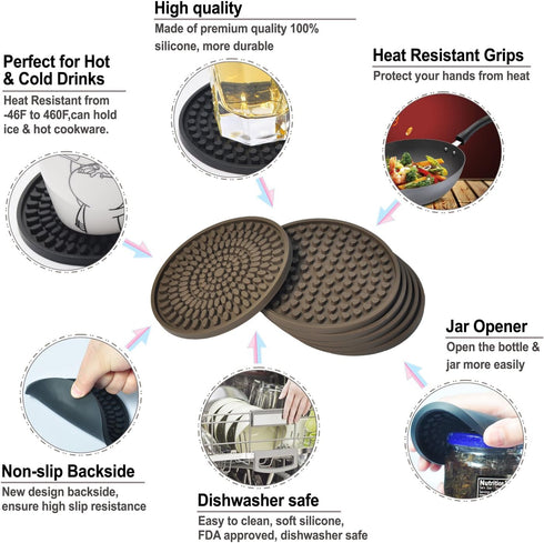 KindGa Coasters for Drinks Absorbent, Rubber Brown Coasters Set of 8, Large Silicone Drink Coaster for Furniture Protection, Deep Tray 4.3 Inch Ov...
