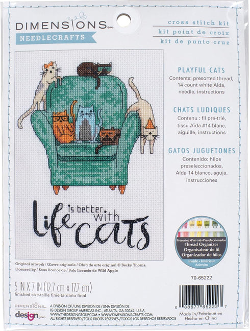 Dimensions 70-65222 Life is Better with Cats Counted Cross Stitch Kit for Beginners, 14 Cnt. White Aida, 5" x 7"...