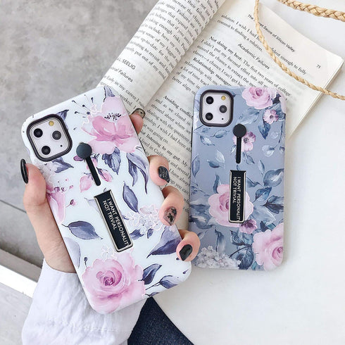 Compatible with iPhone 11 Pro Max Case Finger Grip,3D Embossed Pink Flowers Gray Shell Design,Rugged Shockproof Slim Fit Dual Layer Finger Ring Lo...