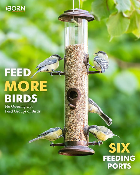 iBorn Metal Bird Feeder Hanging Wild Bird Seed Feeder for Mix Seed Blends Heavy Duty All Metal Coffee Finish,14 Inch 6 Port(Seed is not Included)...