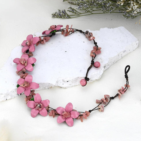 AeraVida Cute Flower Garden Pink Leather and Reconstructed Red Coral Choker Necklace | Leather Flower Choker Necklace | Pink Leather Necklace for ...