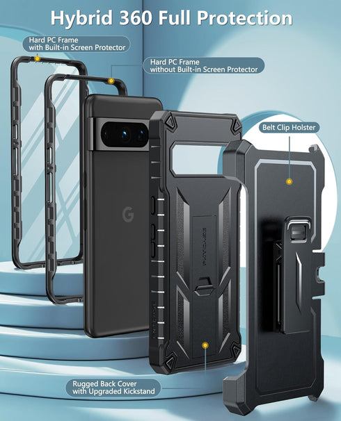 FNTCASE for Google Pixel 8 Pro Case: Built-in Screen Protector & Kickstand & Belt-Clip Holster, Extra Front Frame, Full-Body Dual Layer Rugged Mil...