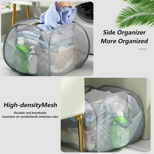 Collapsible laundry baskets - Mesh Pop Up Laundry Basket, Space-Saver with Side Pocket - Portable & Versatile Bathroom and Home Organizer for Laun...