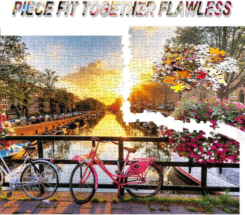 Puzzles for Adults Jigsaw 500 Piece Spring Flower Quiet River Sunrise Picturesque Amsterdam with Bicycles Landscape 500 Piece Puzzle Art for Famil...