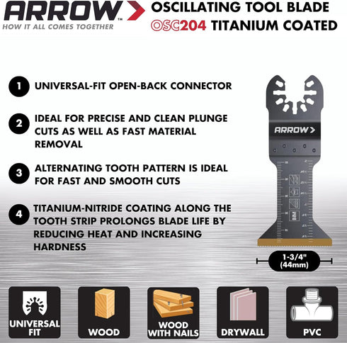 Arrow OSC204-3 Titanium Coated Oscillating Tool Saw Blades for Woodworking, Drywall, PVC, and Metal, Universal, Fits Most Multitools, 1-3/4 Inch, ...