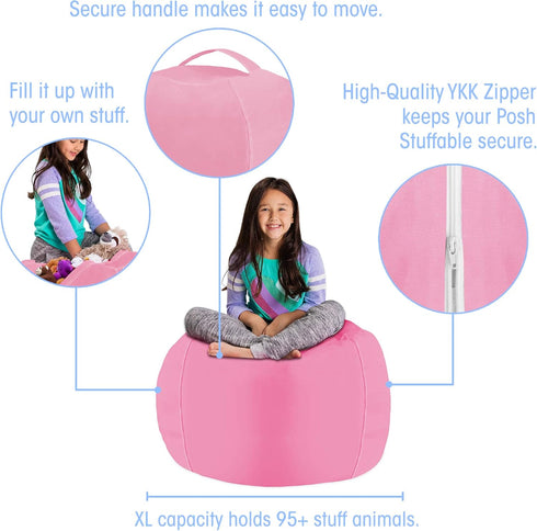 Posh Stuffable Kids Stuffed Animal Storage Bean Bag Chair Cover - Childrens Toy Organizer, Large 38" - Solid Pink...