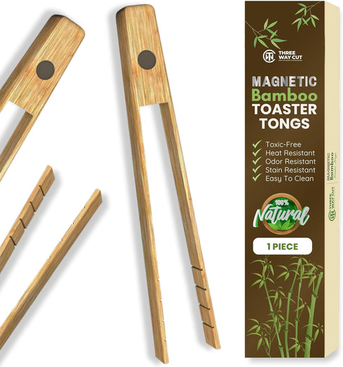 Toaster Tongs With Magnet | Kitchen Utensils For Cooking and Holding Toast Bacon Muffin Bagel Bread | 8 Inch Long Natural Non Toxic Bamboo...