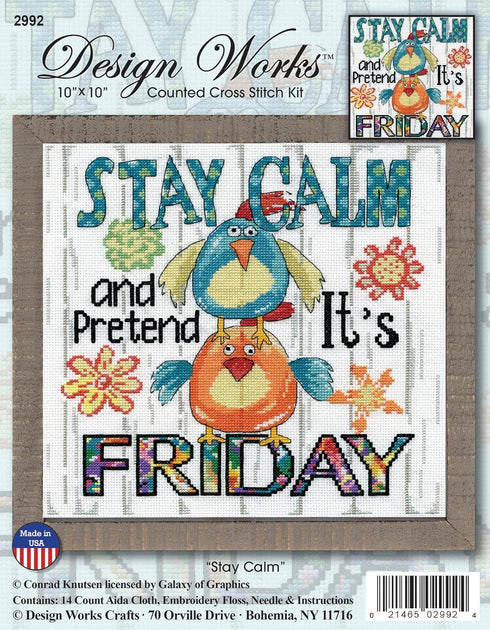 Design Works Crafts, 10" x 10" Counted Cross Stitch Kit, Stay Calm, White...