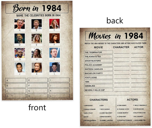 1984 Birthday Game Card Stock - 40th Birthday Party Game - Double-Sided Printed Birthday Card Stock With Answers, Perfect For Birthday Parties And...