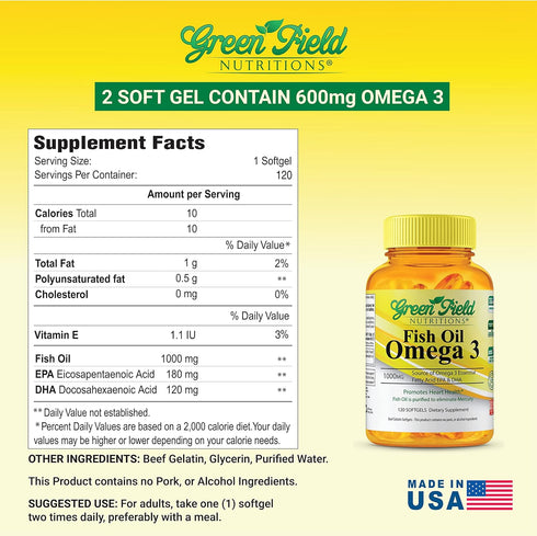 Greenfield Nutritions Halal Fish Oil 1000mg, 300mg Halal Omega 3, Small Wild Peruvian Fish Oil Halal Vitamins, EPA 180mg & DHA 120mg, Non-GMO, Glu...