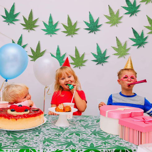 2 Pieces Pot Leaves Weed Banners and 51.2 x 86.6 Inch Weed Tablecover Green Hawaii Tropical Palm Leaves Banner Tablecloth for Pot Leaf Felt Birthd...