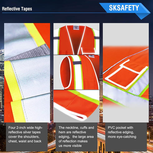 SKSAFETY 10 Pockets Safety Vest, Class 2 High Visibility Security with Zipper, Hi Vis Vest with Reflective Strips, ANSI/ISEA Standard, Constructio...