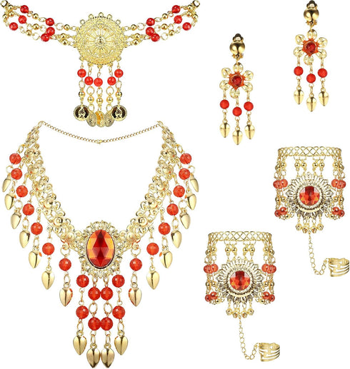 JOERICA Gold Plated Belly Dance Jewelry Set for Women Head Jewelry Triangle Bracelet Rings Statement Necklace Clip on Earrings Indian Bollywood St...