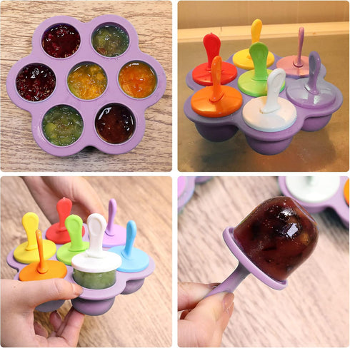 Silicone Popsicle Molds 7-cavity DIY Ice Pop Mold with Colorful Sticks For egg biting ice cream molds storage containers non stick cake molds (Pur...