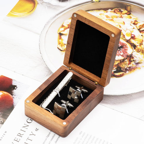 Real Black Walnut Wooden Cufflinks Box,Small Vintage Tie Clip Display Storage Case...