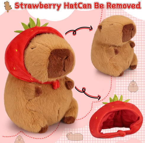 Emoin Capybara Plush Toy with Strawberry Hat 9.8Inch Kawaii Capybara Plushie Soft Brown Capybara Stuffed Animals Doll Pillow Strawberry Capybara H...