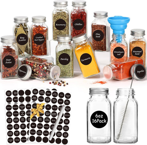 AuroTrends Spice Jars with Labels 6oz 16Pack, Glass Spice Jars with Shaker Lids Complete Set-6oz Seasoning Containers with 180 Waterproof Spice La...