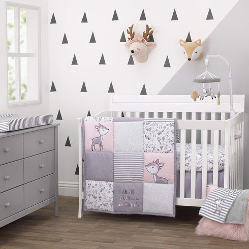 NoJo Little Love Sweet Deer, Grey, White Stripe Plush Changing Pad Cover With Pink Deer Applique, Grey, White, Pink...