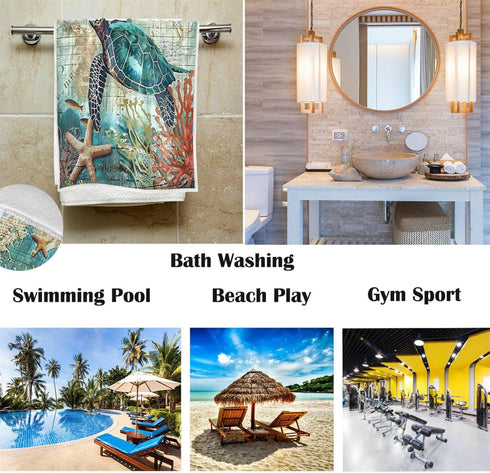 Pfrewn Sea Turtle Starfish Retro Map Hand Towels 16x30 in Fish Scale Thin Bathroom Towel, Ultra Soft Highly Absorbent Small Bath Towel Bathroom De...