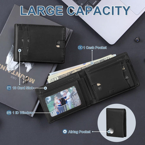 GSG Mens Slim Bifold Wallet, Genuine Leather Wallet, RFID Blocking Wallet With 1 ID Window 10 Cards Holders Mens Front Pocket Wallet With Gift Box...