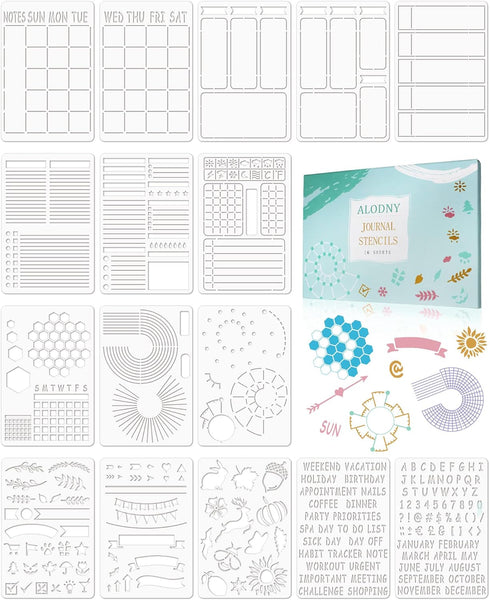 ALODNY 16 Pcs Journal Stencils Set - Time Saving Bullet Journaling Supplies/Accessories Kit -Ultimate Productivity Planner Stencil for Bullet Jour...