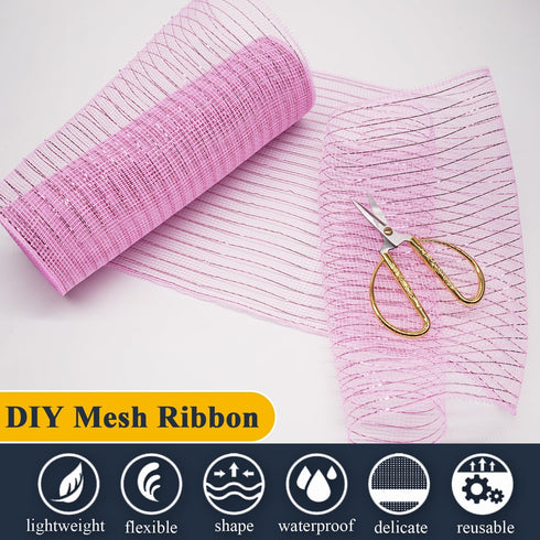 2 Rolls Deco Mesh Ribbon Rolls 10 inch 10 Yards (30 ft) Metallic Mesh Fabric with Foil Decorative Mesh Ribbon for Wreaths Christmas DIY Crafts Hal...