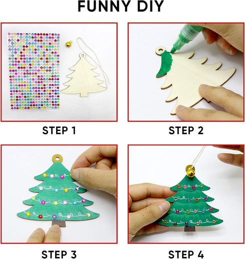 Hidreas 40 Pcs Wooden Ornaments Unfinished Christmas DIY Ornaments Craft Kit, Christmas Wood Ornaments with Bells, Wax Rope and Rhinestone Sticker...