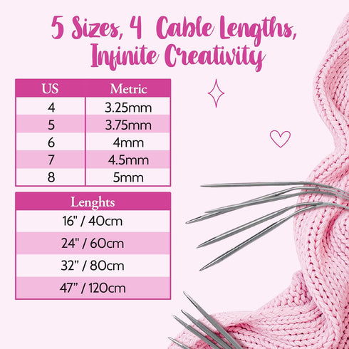 KnitPal 47-inch (120cm) Metal Circular Knitting Needles Set - Magic Loop Knitting Needles with Extra Long Fixed Cable - 5 US Sizes: 4/3.25mm, 5/3....