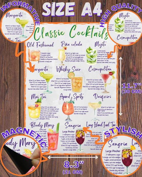 Classic Cocktails Recipes Magnetic Chart A4 Format - Kitchen Pub Wall and Fridge Decor Stylish Colourful Informative Magnet Milliliters and Ounces...