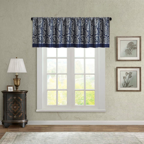 Madison Park Aubrey Faux Silk Paisley Jacquard, Rod Pocket Curtain for Living Room, Kitchen, Bedroom and Dorm, 50 in x 18 in, Navy...