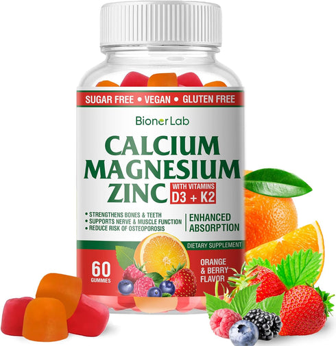 Calcium Magnesium Zinc Gummies with Vitamin D3 & K2 - High Potency Enhanced Absorption - Orange and Berry Flavored...
