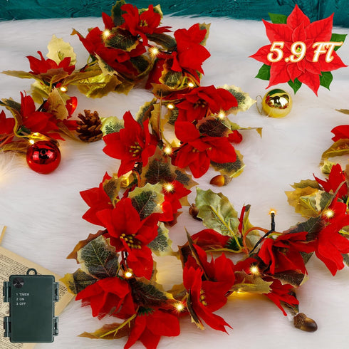 Glintoper Christmas Poinsettia Garland, 5.9 FT Lighted Artificial Garlands with 36 Red Flowers, Battery Operated with Timer Poinsettia String Ligh...