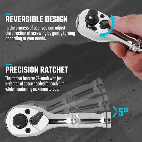 DURATECH Stubby Ratchet Set, 3-IN-1 Ratchet Handle, with 2 Extension Bars, 1/4", 3/8", 1/2" Drive Ratchet Wrench, 72-Tooth, Reversible Switch, Ful...