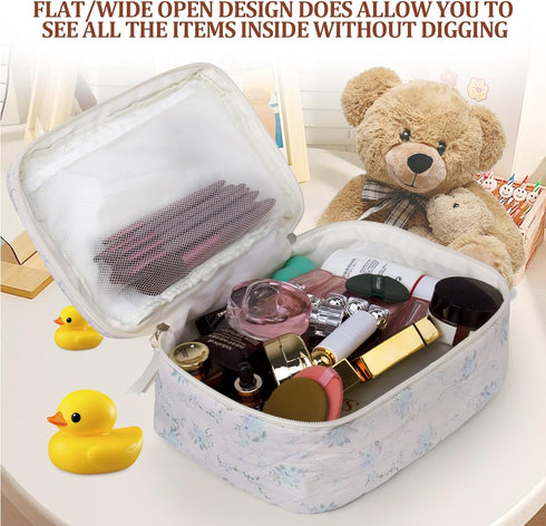 Large Quilted Makeup Bag,Floral Cotton Cosmetics Bag Toiletry Bag for Women Girls, Aesthetic Cute Coquette Travel Makeup Essentials Organizer Bag ...