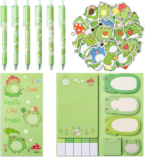 57Pcs Frog Sticky Notes with Pen Stickers Stationery Set 0.5mm Black Gel Ballpoint Pens Frog Self-Stick Notes Pads Cartoon Frog Vinyl Stickers Bac...