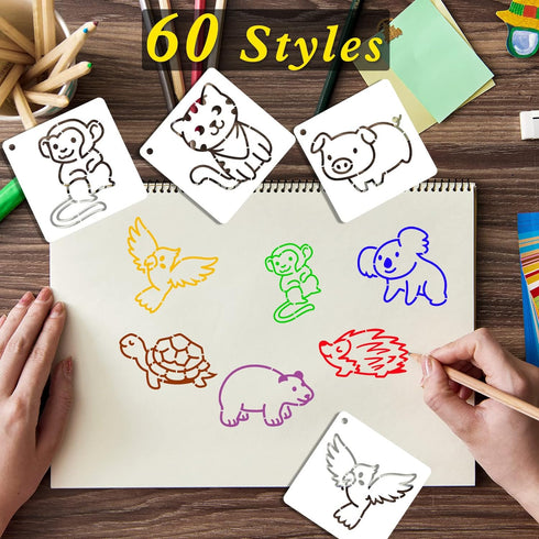 60 Pcs Cute Animals Painting Stencils,Waterproof Drawing Templates for DIY Canvas Fabric Wall Decors Art Set,Reusable Plastic Stencil for Adult DI...