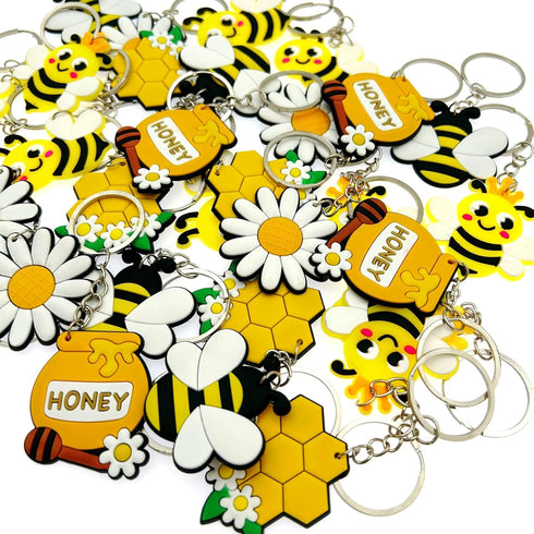 JZK 30 Pcs Cute honey bee keyrings set for kids, mini rubber keychains for children birthday party favours, kids party bag fillers, kids party tha...